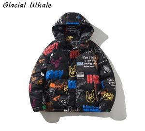 Glacialwhale down jacka män vinter graffiti jacka huva vindtät kappa streetwear överdimensionerad hip hop svart jacka för män 2111293240830