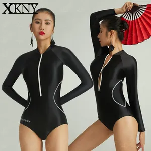 Kvinnors badkläder Xckny Satin Glossy One Piece Swimsuit Sexig Double End Zipper Bodysuit Black Long Sleeve Smooth Surfing Competitive