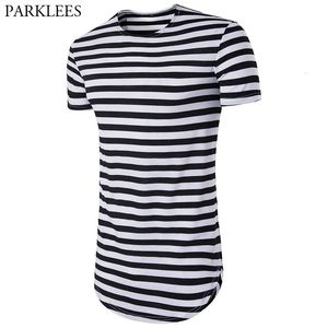 Striped Longline T Shirt Men Summer Short Sleeve Extra Long Mens T Shirts Hip Hop Hi Street Tops Tees Camisetas Hombre 240527