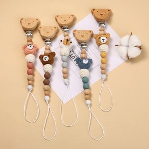 Baby Beech Wood Pacifier Clip Cartoon Animal Crochet Pärlor Silikon Nippelkedja för TEETTHERSKASS Teksaker Baby Pacifier Chain 240528