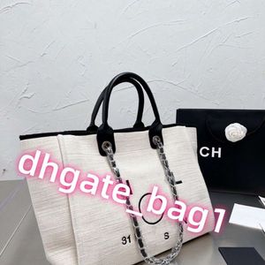 Women's luxury shopping handbag Chan bag New Classic Embroidered linen Canvas tote bag Handheld fashion design chain large capacity beach bag