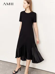 Festklänningar amii minimalism vestidos kvinnor bomull lapptäcke korta ärmar kontor lady 2024 sommar svart elegant kvinnoklänning 12342284