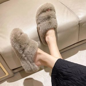 Slippers Women's Thick Soled Woolen Shoes 2024 Autumn Winter Double Strip Indoor Warm Keeping Solid Color Comfortable Cotton