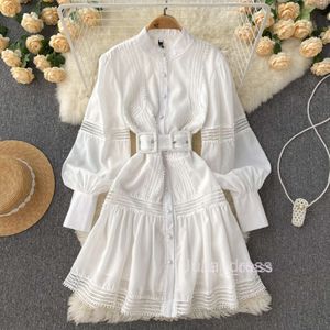 Lace stitched lantern sleeve spring celebrity French temperament long sleeve loose thin Ruffle small dress