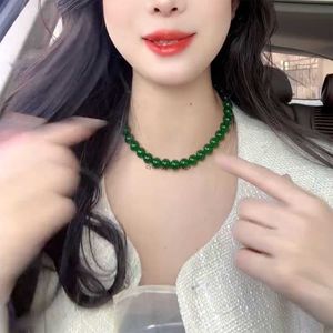 2024Emerald imitation chalcedony necklace with white round beads plain chain high-end Chinese style neck 1DRNB