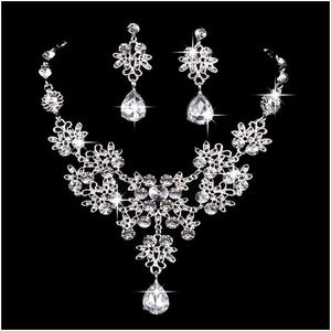 Zestawy biżuterii ślubnej 6 kolorów Kobiety Bling Kryształowy zestaw ślubny Sier Diamond Oświadczenie Naszyjka Dangle Kolczyki do oblubienicy Dr Dhu0e