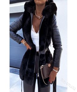 Winter Warm hooded Large size fashion Solid color leather Fur Faux Fur patchwork Women New Casual Long sleeve coat klw00169548196