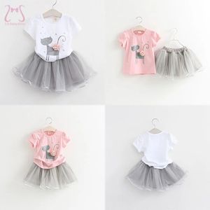 2 peças/conjunto para meninas malha casual tutu esqui desenho animado algodão curto camiseta de camiseta curta