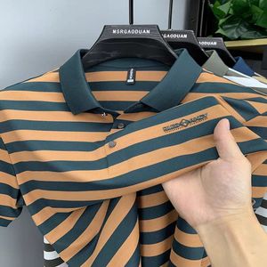 High End Luxury Brand Lapel Mens Polo Shirt Ice Silk Seamless Striped Short Sleeve Business Casual Top Summer T-Shirt 240527