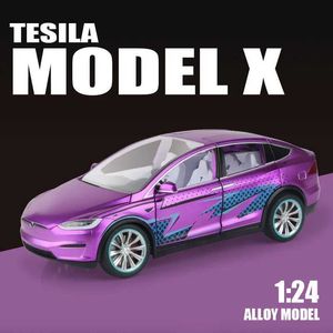 DIECast Model Cars Tesla Model x 1/24 Model Model Car Metal Diecast Toy Chay For Boys Symulacja Symulacja Dźwięk i lekki samochód