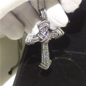 Vecalon Handgjorda Big Cross Pendant Sterling Sier 5A CZ Bröllopsengagemang Hängen med halsband för kvinnliga män smycken