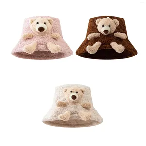 Berets Womens Fleece Bucket Hat 3D Stuffed Bear Headwear Warm Trendy Autumn Winter Hats For Walking Cold Weather Outdoor Travel Camping