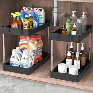 Kitchen Storage 2 Tier Under Sink Organizer Multipurpose Rack Cabinet With Hooks Bathroom Drawer