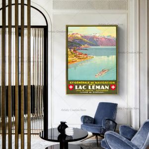 Retro Travel Poster Switzerland Skiing Boat Canvas Painting Print Wall Pictures for Nordic Living Room Club Wall Home Decor Gift