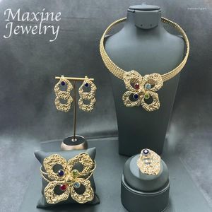 Necklace Earrings Set 18K Gold Plated Jewelry Colorful Rhinestone Flower Bracelet Ring Copper Texture Bridal Wedding Party Gifts