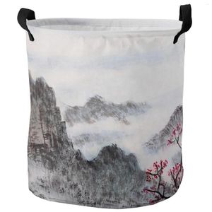 Bolsas de lavanderia Pintura chinesa Flores florestais Montanha Dirty Basket