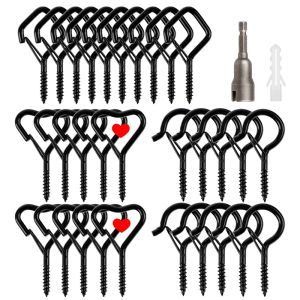 12/20PCS Q-Hanger Screw Black Hooks Ceiling Hooks with Safety Buckle for Plant and Christmas Outdoor String Lights Hooks