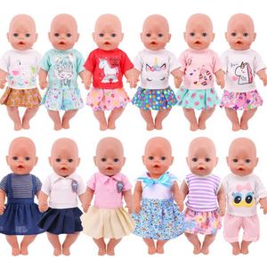 Кукла одежды ручной работы 2pcs/set = kottont rescirt + милая цветочная юбка для 18-дюймовой куклы 43 см Reborn Baby Ogdoll Generation Generation Denim Purpend Y240529