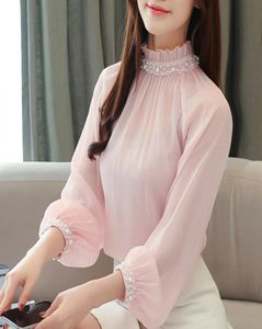 Blusas Mujer de MODA 2020 perline per taglio rotolata camicia in chiffon rosa camicia a maniche lunghe camicetta da donna top e camicette C7008935198