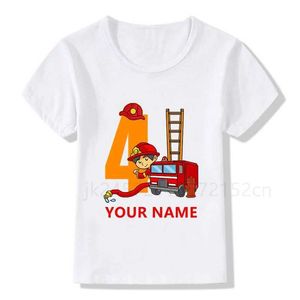 T-shirts Boys/Girls Cool Name Fire Truck Birthday Numbers T-Shirt Children Boys Happy Birthday T Shirt White T-Shirt Baby d240529