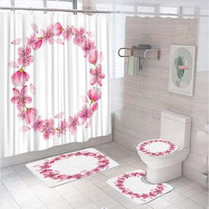 Duschvorhänge rosa Kirschblüte Girlandevorhang Sets Frühlingsblumengarten Badezimmer mit Badematte Toilettendeckel Deckteppich