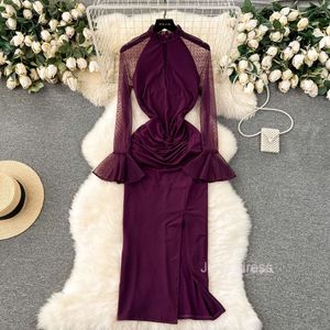 High End Exquisite Dress for Womens 2024 Spring New Sexy Perspective Mesh Patchwork Slim Fit wrap skinkor Formell klänning