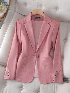 Women's Suits Arrival Pink Black Plaid Ladies Formal Blazer Women Female Long Sleeve Single Button Slim Business Work Wear Jacket Coat REF