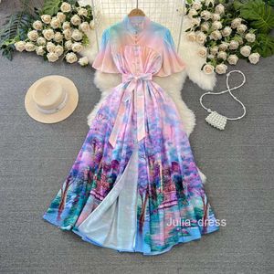 Fashionable high-end feeling light luxury lotus leaf sleeves stand up collar waistband slimming effect single breasted A-line positioning printed dress