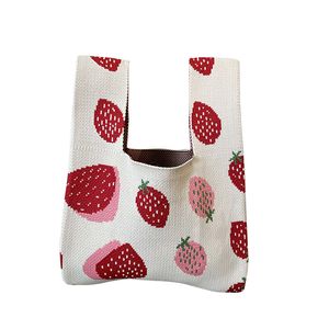 Cute Strawberry Girl Student Knitted Handbagjapanese Mini Portable Knot Wrist Bag Women Top Handle Bag Simple Purse Key Pouch