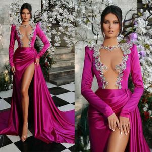 Women Satin Sexy Evening Dresses Long Sleeves O Neck See Through High Split Elegant Prom Gowns Custom Made Plus Size 0529