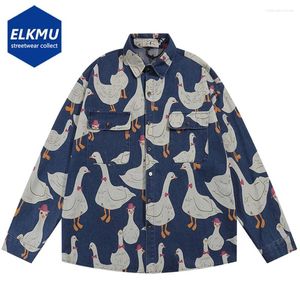 Camisas casuais masculinas Men Denim Vintage Denim Impresso a manga longa solta Harajuku de grande tamanho de hip hop boto