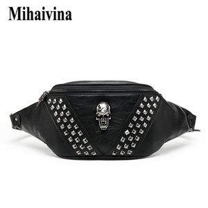 Mihaivina Punk Rivet Skull Men Bag Women Women Black Fanny Pack in pelle Scetta femmina Spalla Messenger Bum S 220216 271k