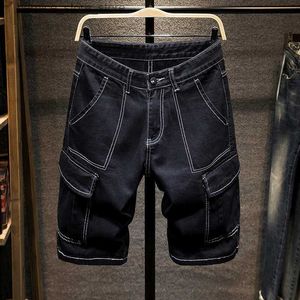 Męskie szorty letnie ubrania dla mężczyzn czarne dżinsowe szorty multi-kieszenia prosta ludność splicing mąż męski ładunek krótkie dżinsy Q240529