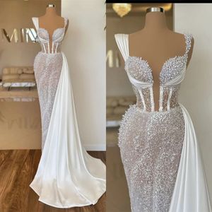 Eleganckie See Through Mermaid Wedding Suknie Perły Ceikine suknie ślubne Odłączane pociąg spaghetti