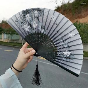 Decorative Figurines Chinese Archaic Folding Fans With Tassels Floral Decoration Hollow Bamboo Rib Woman Summer Handheld