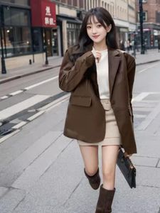 Women's Leather Korean Style Streetwear Suit Jackets Women Long Sleeves Single Button Casual Motorcycle Coats Fashion Trend Overcoats