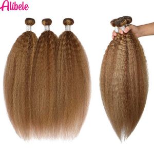 헤어 wefts Alibel 하이라이트 꼬인 스트레이트 헤어 번들 Ombre P4/27 Honey Brown Yaki Straight Hair Braided Bundle Remy Hair Extension Q240529