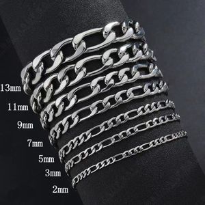 2/3/5/7/9/11/13mm Stainless Steel 1:3 Figaro Chain 7"- 30" Men Women Necklace Silver Color Jewelry Set