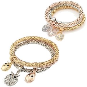 Charm Bracelets Fashion Jewelry 3 Pieces Set Three-Colour Elastic Crystal Bar Setting Women Bangle Owl Heart For Bracelet Drop Delive Dhcxc