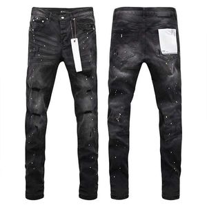 Mens Jeans High quality purple ROCA brand jeans topnotch street wrinkled ink from the United States splashing Distressed black wash fashionable slim fit J240527