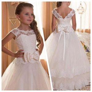 White First Communion Gown for Girls Backless Lace Appliques Bow Tulle Long Flower Gir Wedding Party Birthday Dresses