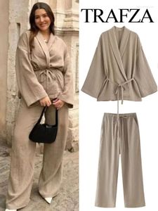 Women's Two Piece Pants TRAFZA Textured Double-breasted Kimono-style Shirt Lapel Top High-waisted Lace-up Pajama Style Pant 2-piece Set