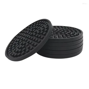 Table Mats Black Round Silicone Rubber Drink Coasters (Set Of 6) Non-Slip Perfect For Homes & Bars