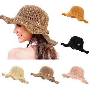 Chapéus largos de abrangência Summer Beach Sun for Women Solid Color Crochet Ruffled Hat Straw Hat Strappy Bowknot Casual Outdoor Bucket