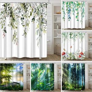 Duschvorhänge Naturvorhang grüne Pflanzen Tropische Waldlandschaft hängen Polyester Stoff Badezimmer Dekoration Set mit Haken
