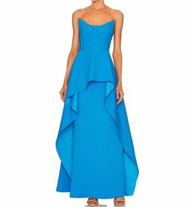 Vintage Long Blue Strapless Crepe aftonklänningar Mantel ärmlös Ruffled ankellängd formell tillfälle promfest klänningar