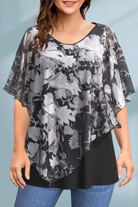Camiseta de chiffon feminina para impressão floral de camada dupla de verão vintage plus size size bainha assimétrica Manga curta Camise de decote V 240529