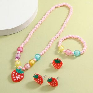 Necklace Earrings Set Baby Girls Imitation Pearls Jewelry Cute Strawberry Bracelet Rings Fruits Stud Children Party Gift