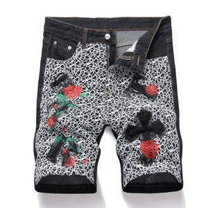 Summer Loose Mens Denim Shorts Straight Embroidered Short Jeans Spider Web Mid-waist Trendy Shorts Black Size 31-40 240521