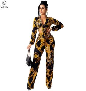 Women039s Two Piece Pants Vazn 2021 Lady Fashion New Sexy Girl Style Set Long Sleeve Lapel Short Top Elastic Long Pants Printe4648592